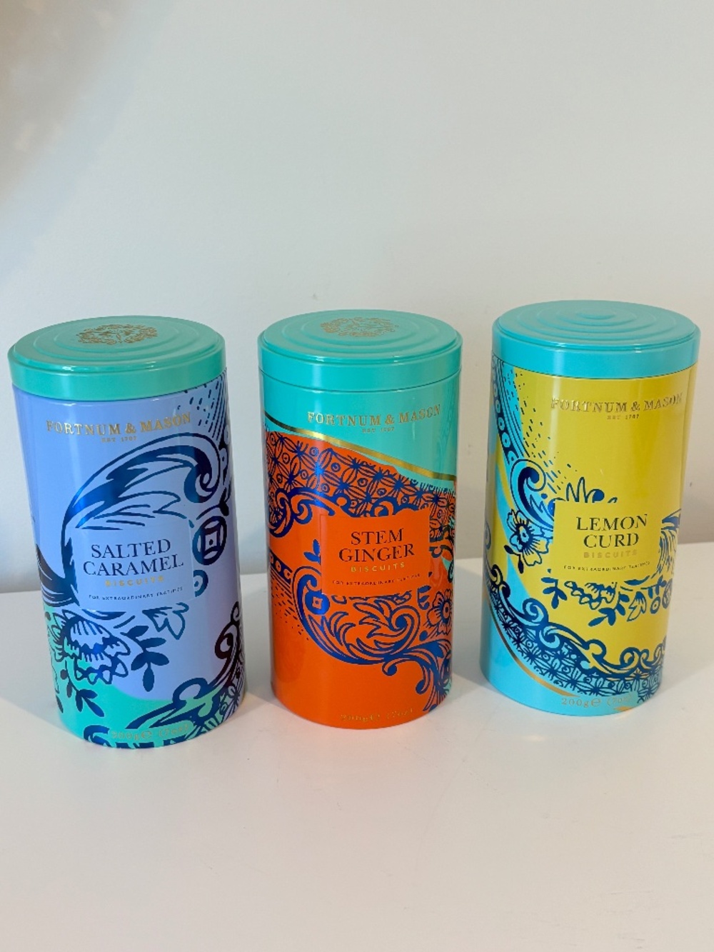 Fortnum & Mason biscuit tins SET OF THREE empty biscuit tins blue orange yellow
